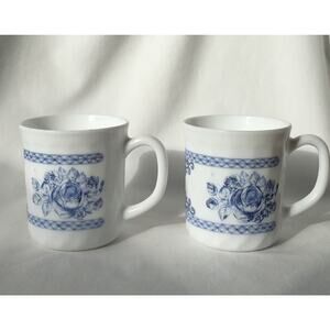 Arcopal France Set of (2) Cups Blue Honorine Coffee Mug Swirl Milk White Glass